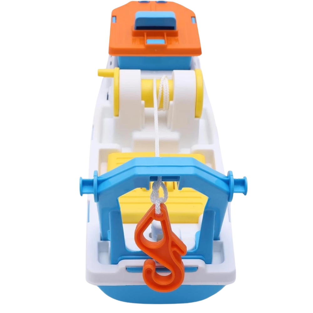 Toyland 40cm Colourful Fishing Boat Bath Water Toy with 4 Fish, Hook & Moving Doors Wheels