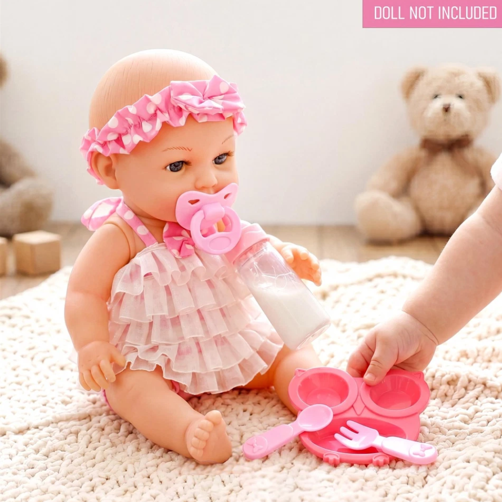 6 Pcs Baby Doll Feeding Set with Magic Milk Bottle Pink Carry Bag & Doll Accessories