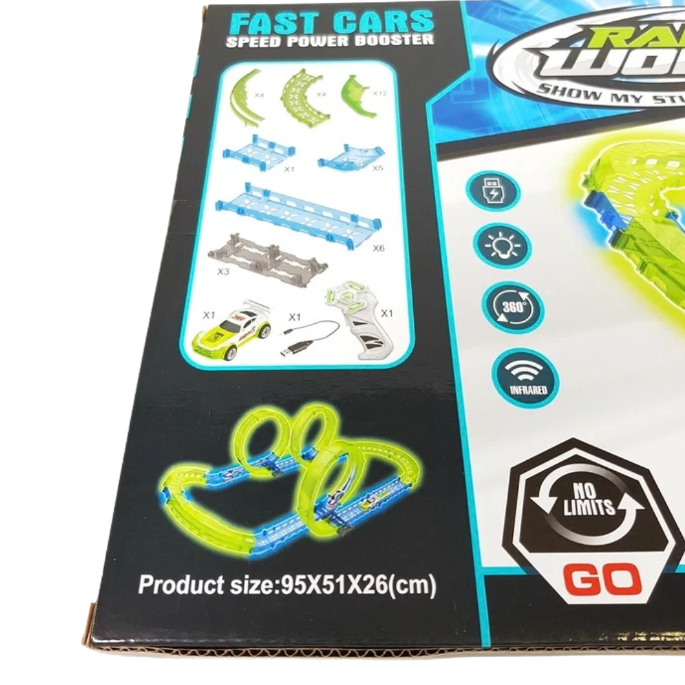 Glow in the Dark Slot Car Race Track Set 38pcs 3 Loops RC Car Stunt Racing Kids 6+
