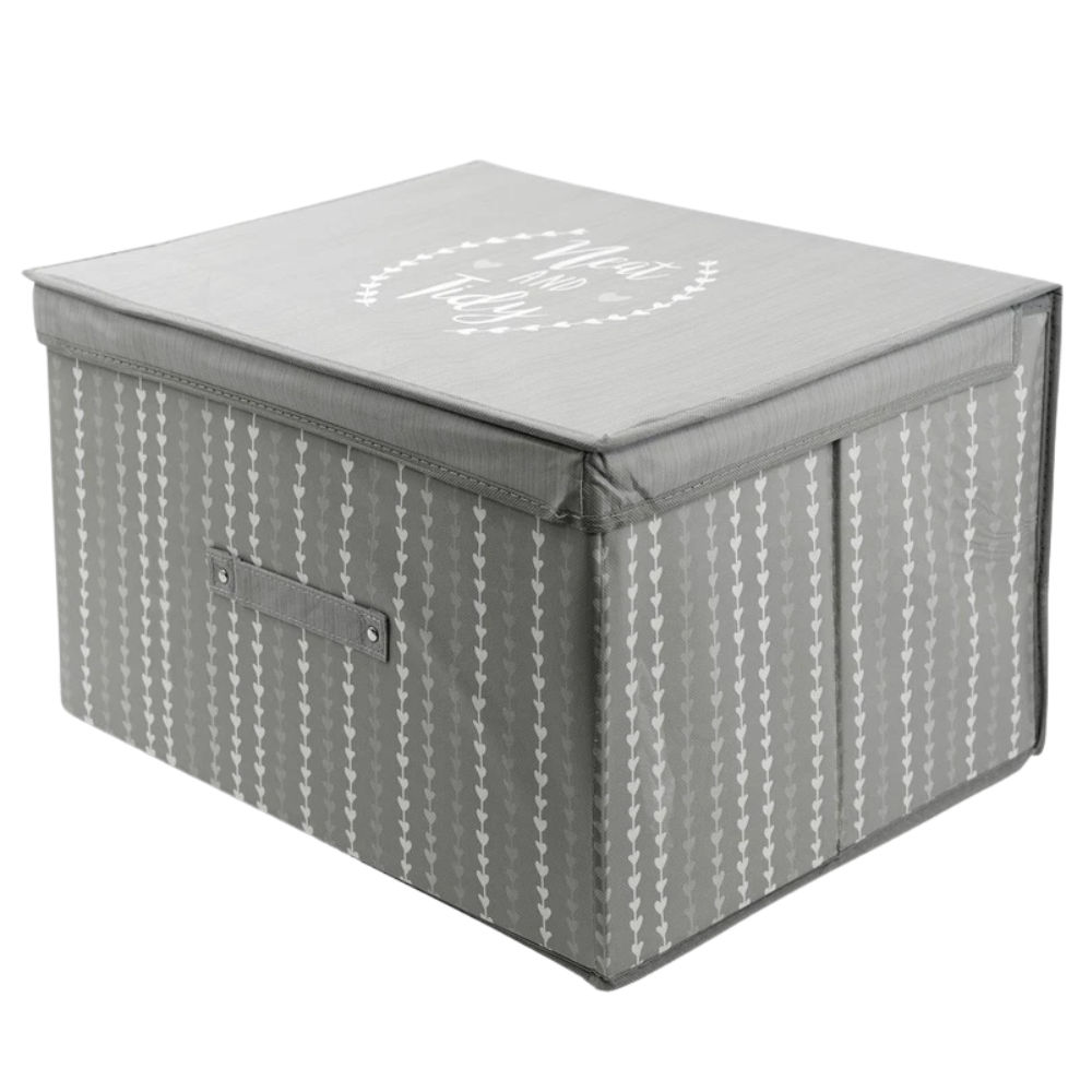 Large Collapsible Storage Box with Lid Folding Jumbo Chest Grey Heart Design