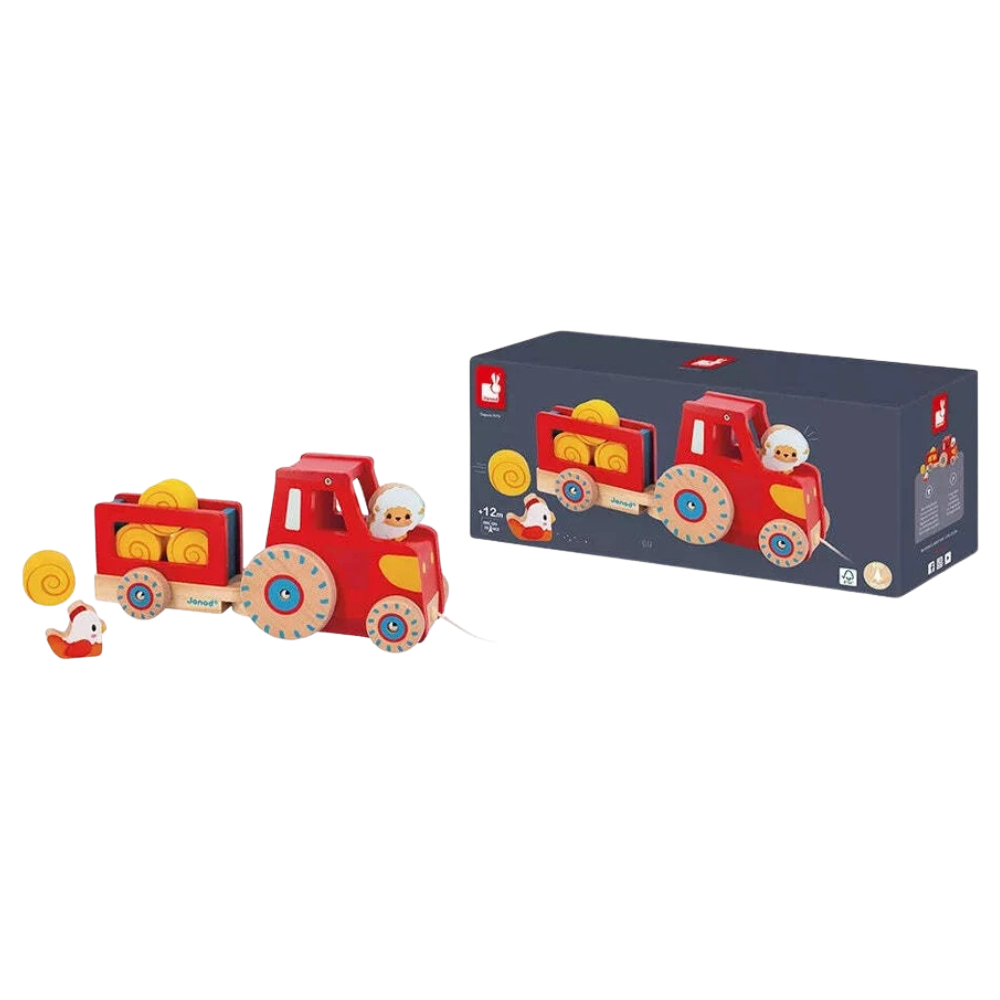 Janod Wooden Pull-Along Tractor Toy with Trailer and 6 Farm Accessories