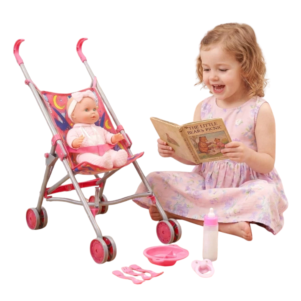 Baby Doll with Toy Stroller Pushchair Dummy Magic Bottle & Feeding Accessories Set