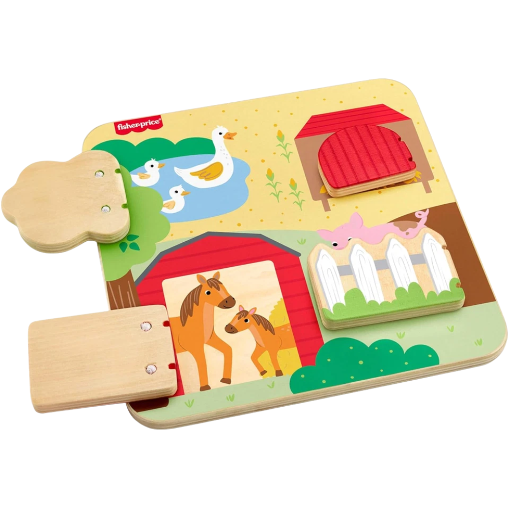 Fisher-Price Wooden Farm Animals Busy Board Peekaboo Activity Toy for Babies Ages 1+ Years