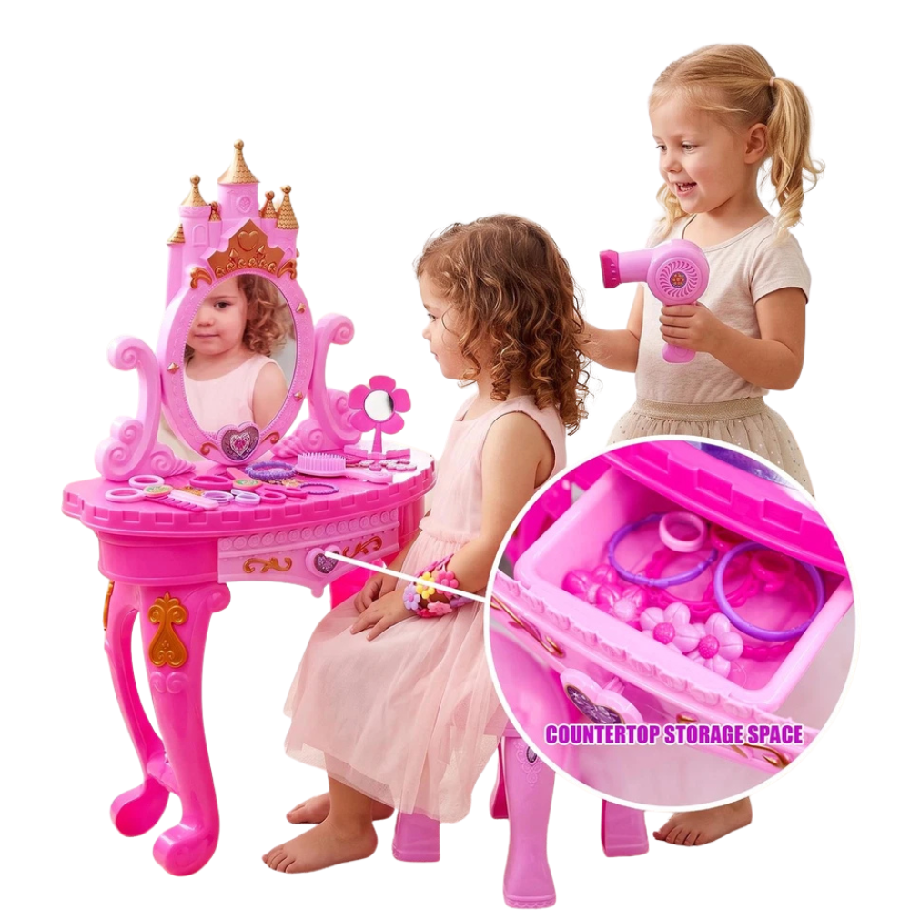 Kids Princess Vanity Dressing Table Stool Set Girls Toy Mirror Hairdressing Accessories Pink