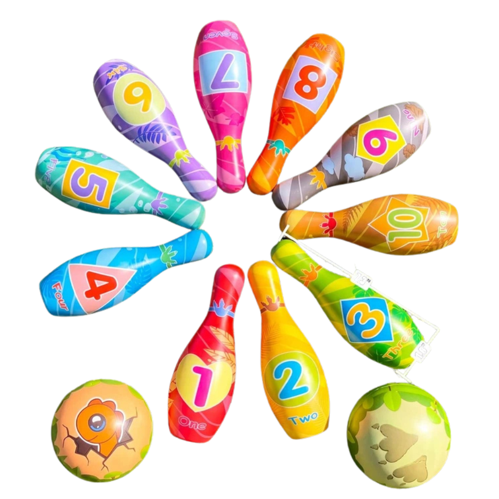 Kids Dinosaur Bowling Set 10 Pins & 2 Balls Soft Foam Skittles Game