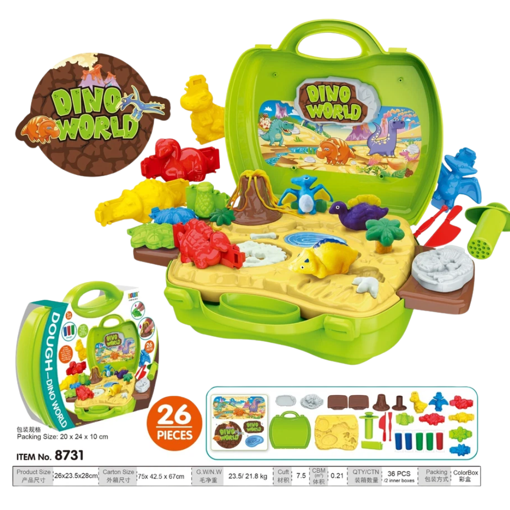 Dino World Play Dough Suitcase Set 26pcs Dinosaur Moulds Creative Toy Kit Ages 3-6