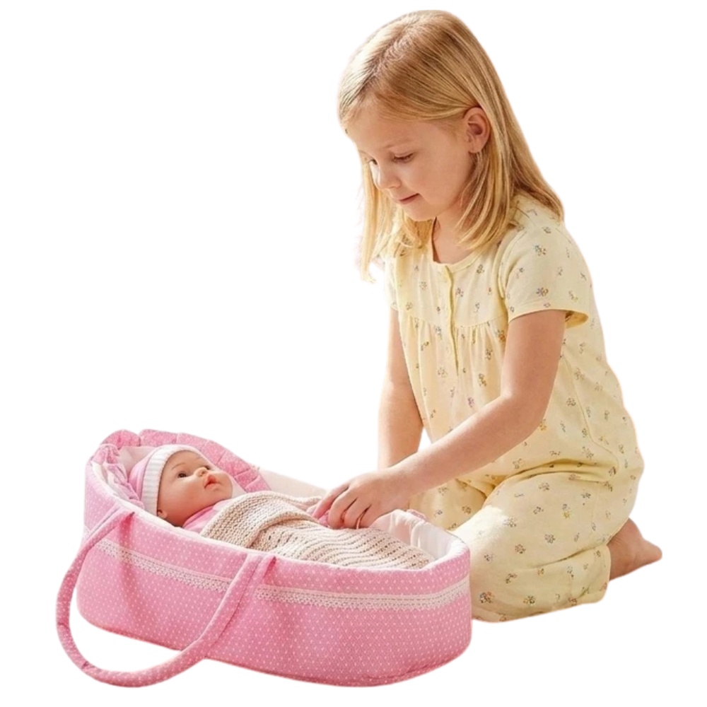 15" Baby Girl Doll with 16 Sounds, Bottle, Dummy & Carry Cot Kids Toy Set Bibi Doll Bundle