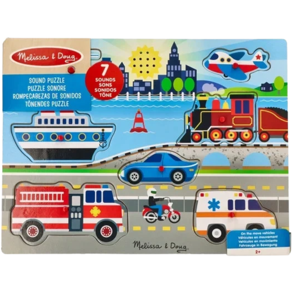 Melissa & Doug Wooden Sound Puzzle 7-Piece Vehicle Peg Puzzle for Toddlers Ages 2+