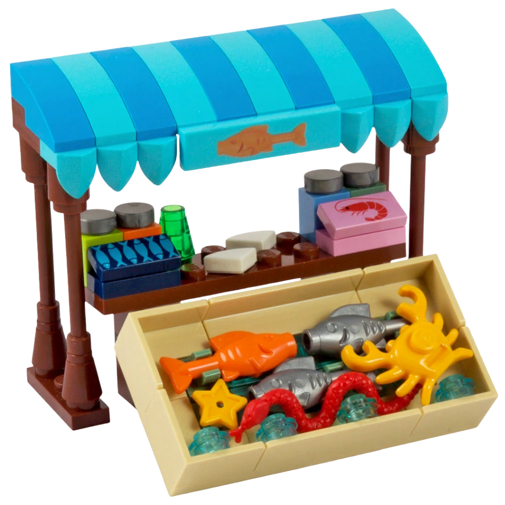 LEGO Market Stall Set with Bakery, Fruit & Veg and Fishmonger Shops MOC Kit