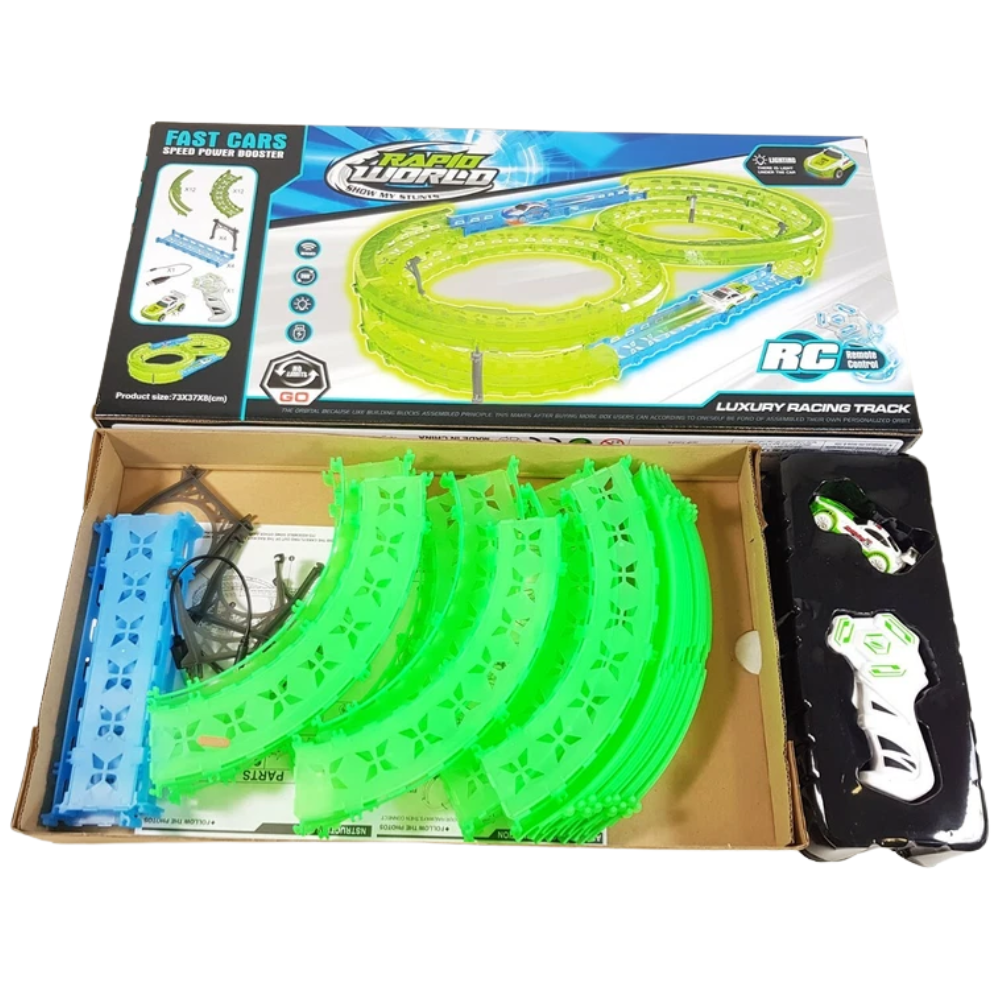 Glow in the Dark Multi-Level Race Track Set 35 Pcs Rc Remote Control Car for Kids Toy Game