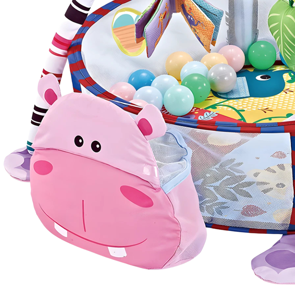 3-In-1 Foldable Hippo Baby Play Mat Gym with Storage, Hanging Toys and Colourful Balls