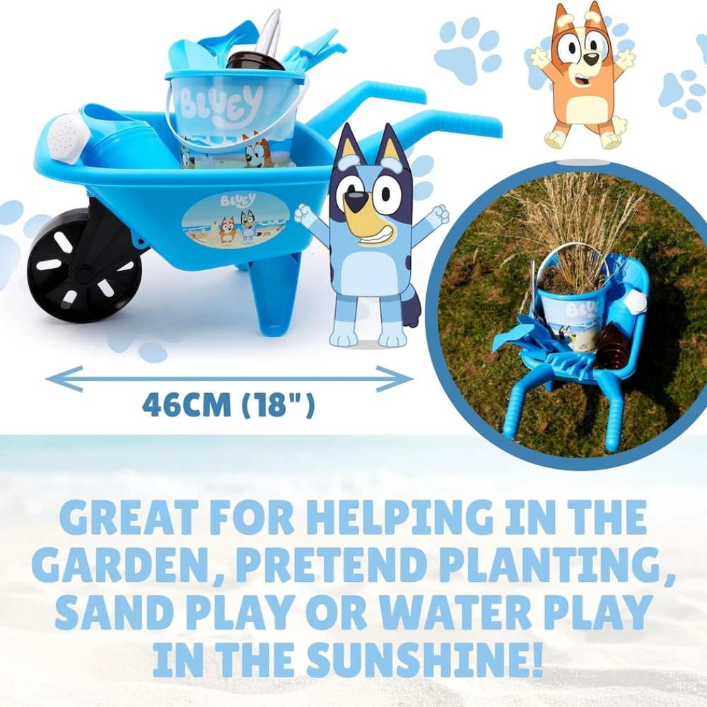 Toyland Bluey 10 Piece Gardening Set for Kids Outdoor Garden Playset Wheelbarrow Watering Can Tools Age 2+