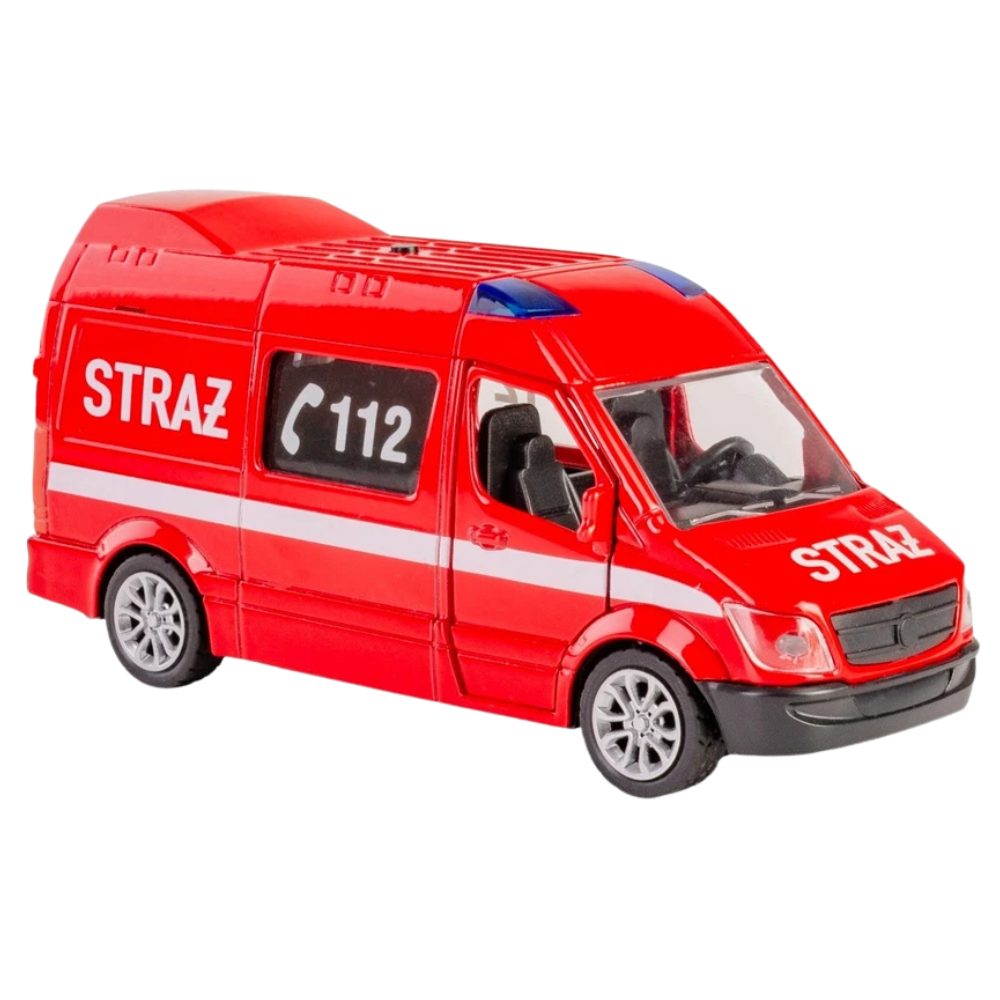 Daffi Mercedes-Benz Polish Fire Brigade Diecast Toy Car Pull Back Lights Sound 1:39–1:43