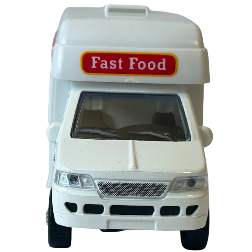 Diecast Dining Car Food Truck Toy with Hot Dogs & Burger Pull-Back Action Model 1:38–1:43