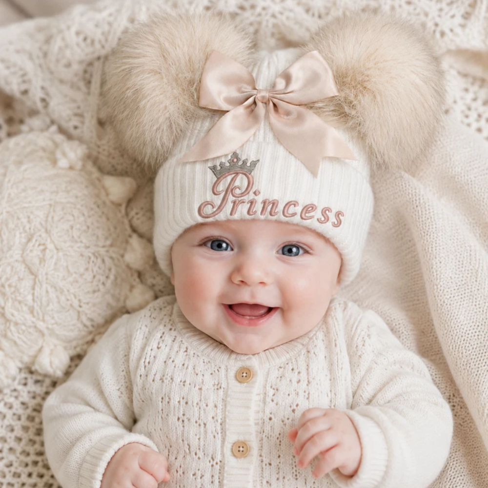 Spanish Style Princess Embroidered Baby Girls Hat, Giant Double Pom Poms, Ages 2–5 Years