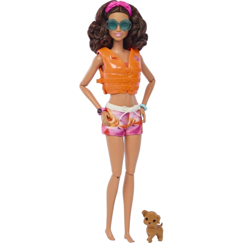 Barbie Beach Doll Brunette Posable Figure with Surfboard Puppy Accessories Toy 3+