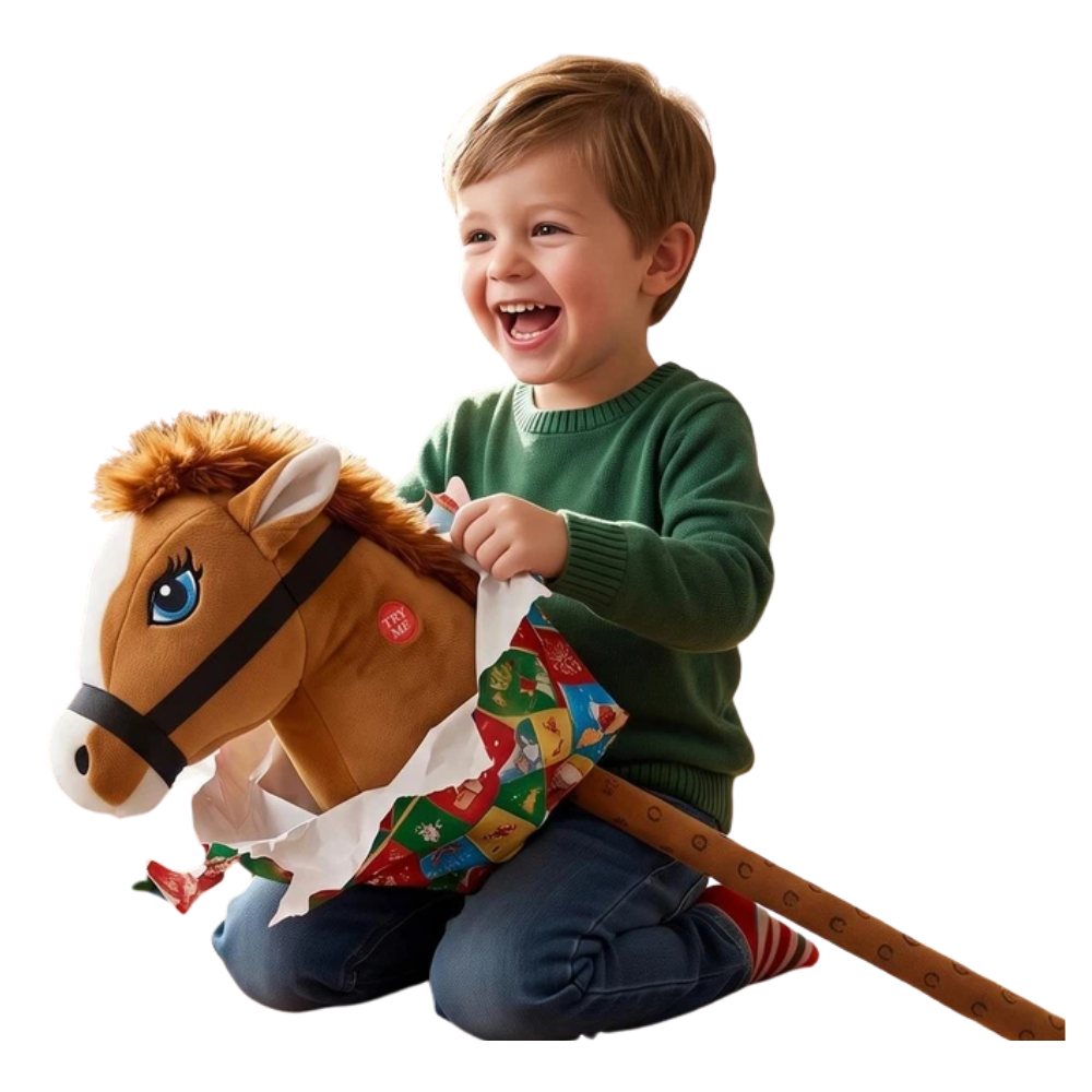 Brown Hobby Horse on Stick 73cm Plush Toy with Galloping Neighing Sounds for Kids Age 3+