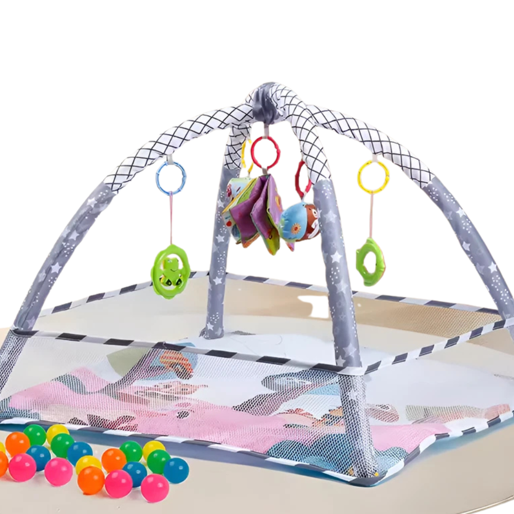 RLS Grey Baby Activity Gym Play Mat with Safety Net, 5 Hanging Toys and 18 Ocean Balls