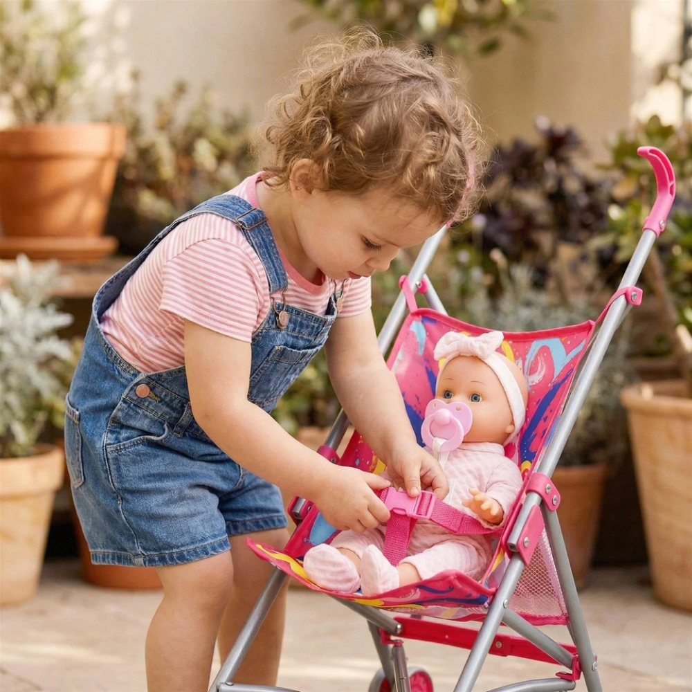 Foldable Pink Baby Doll Stroller Buggy Pram Jogger with Accessories Toy for Kids Roleplay