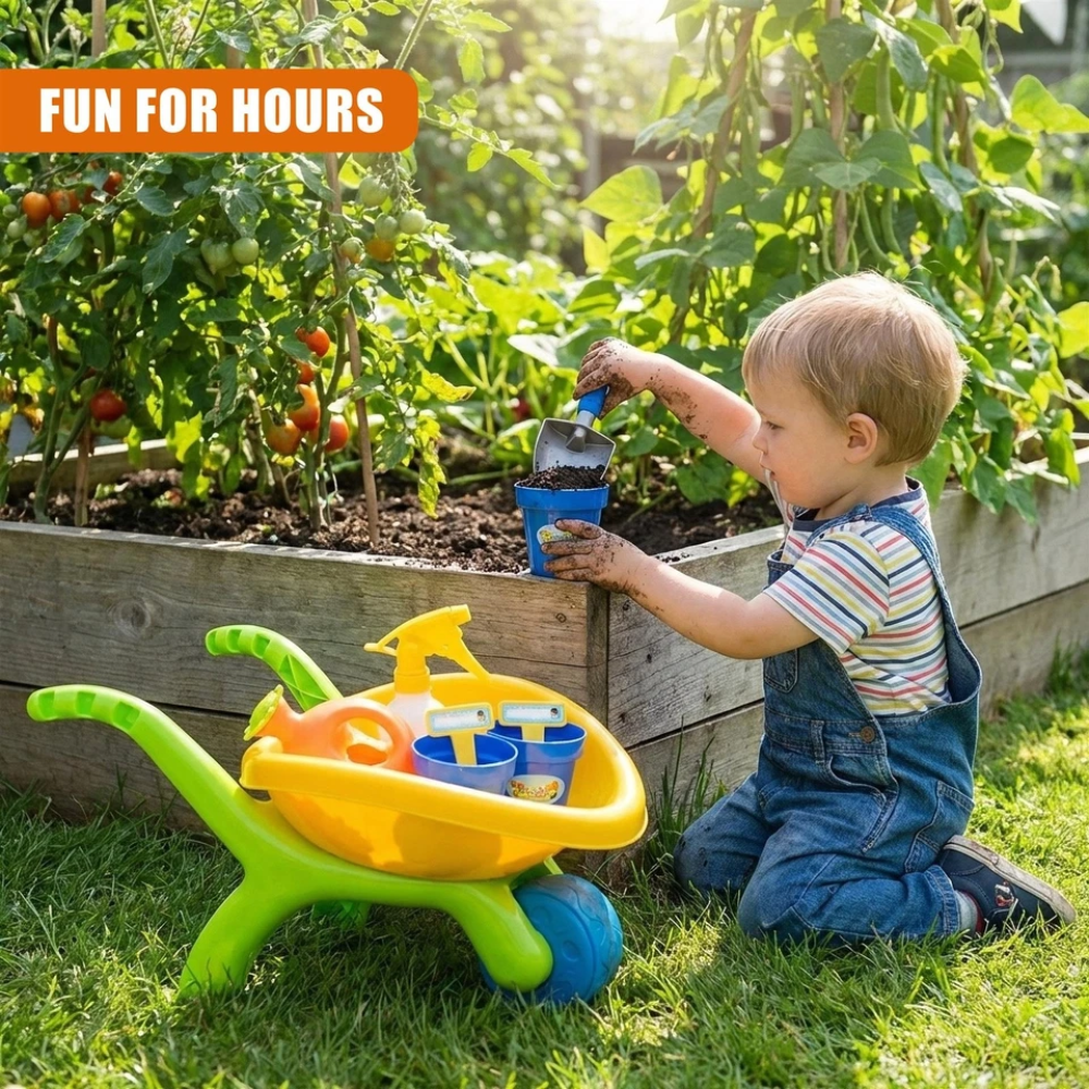 Kids Garden Tool Set with Wheelbarrow 14pc Toy Watering Can Spade Outdoor Beach Fun