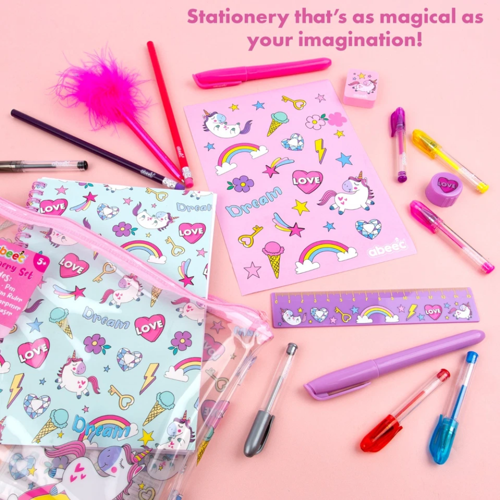 Unicorn Stationery Set for Girls A5 Notebook Pencil Case Gel Pens & Fluffy Pen Gift Set