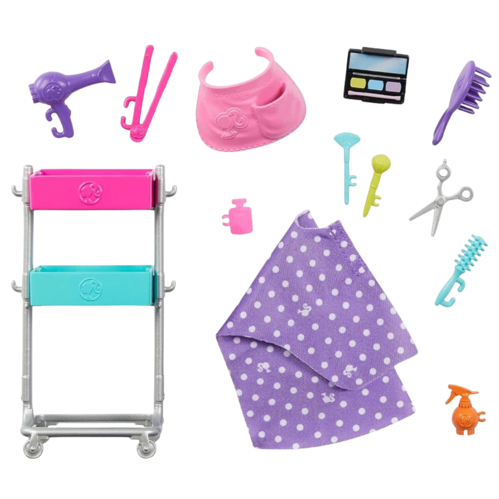 Barbie Malibu Pet Stylist Doll with Puppy Cart and 14 Accessories Playset Kids Role Play Gift