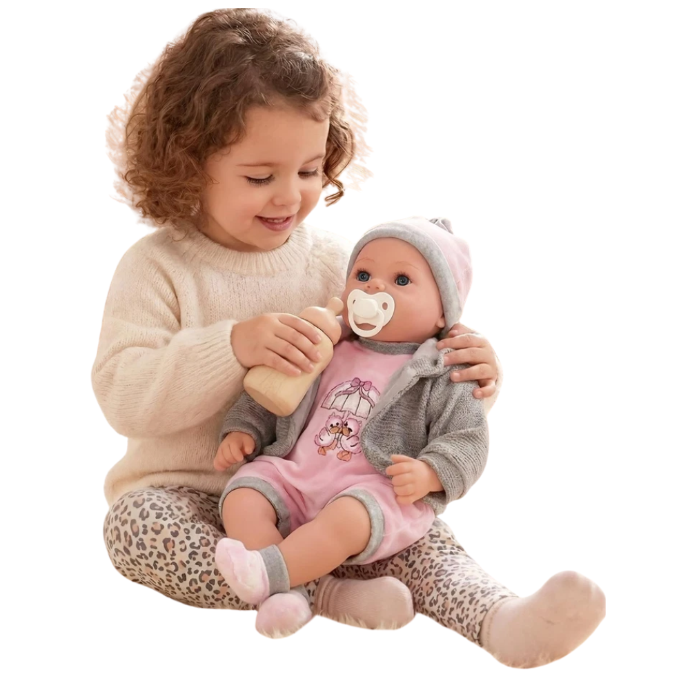 Bibi Baby Doll Girl 18 Inch Lifelike Soft Body Pink Grey Clothes 16 Sounds Toy for Playtime