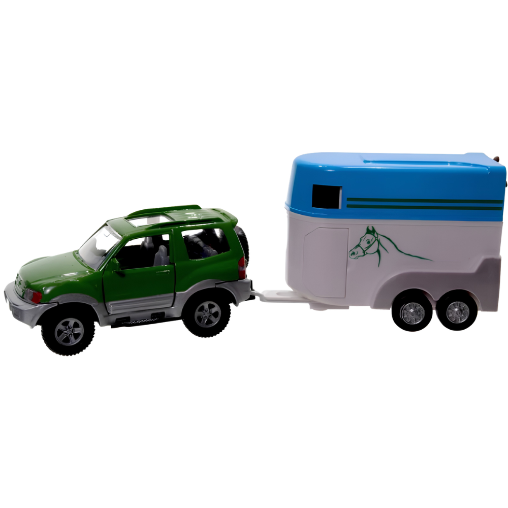 Mitsubishi Pajero Diecast Car Toy with Horse Trailer and 2 Horses Pull Back 1:32