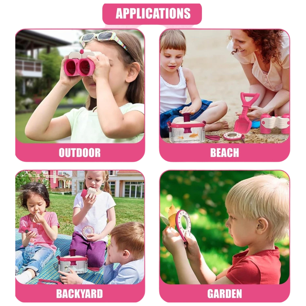 Kids Adventure Kit Pink Tent Costume Bug Catcher Binoculars Magnifying Glass Nature Set Toy