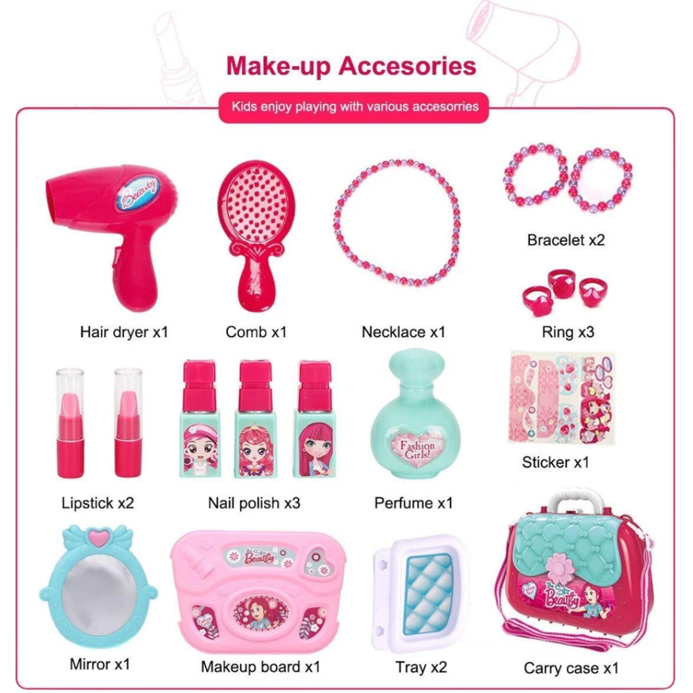 19pc Girls Role Play Jewelry Kit Princess Suitcase Pretend Makeup Hair Styling Toy Set