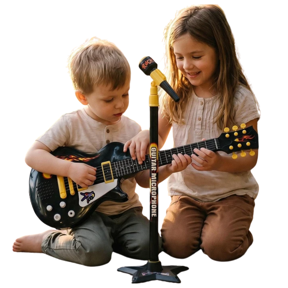 22" Kids Electric Rock Star Guitar & Microphone Set Musical Toy Adjustable Stand Black Gift