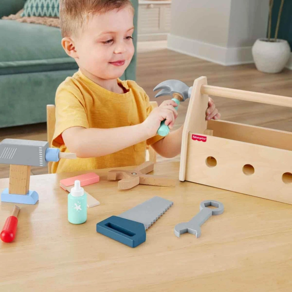 Fisher-Price Wooden Toolbox Playset 9 Piece Kids Pretend Tool Set 3+