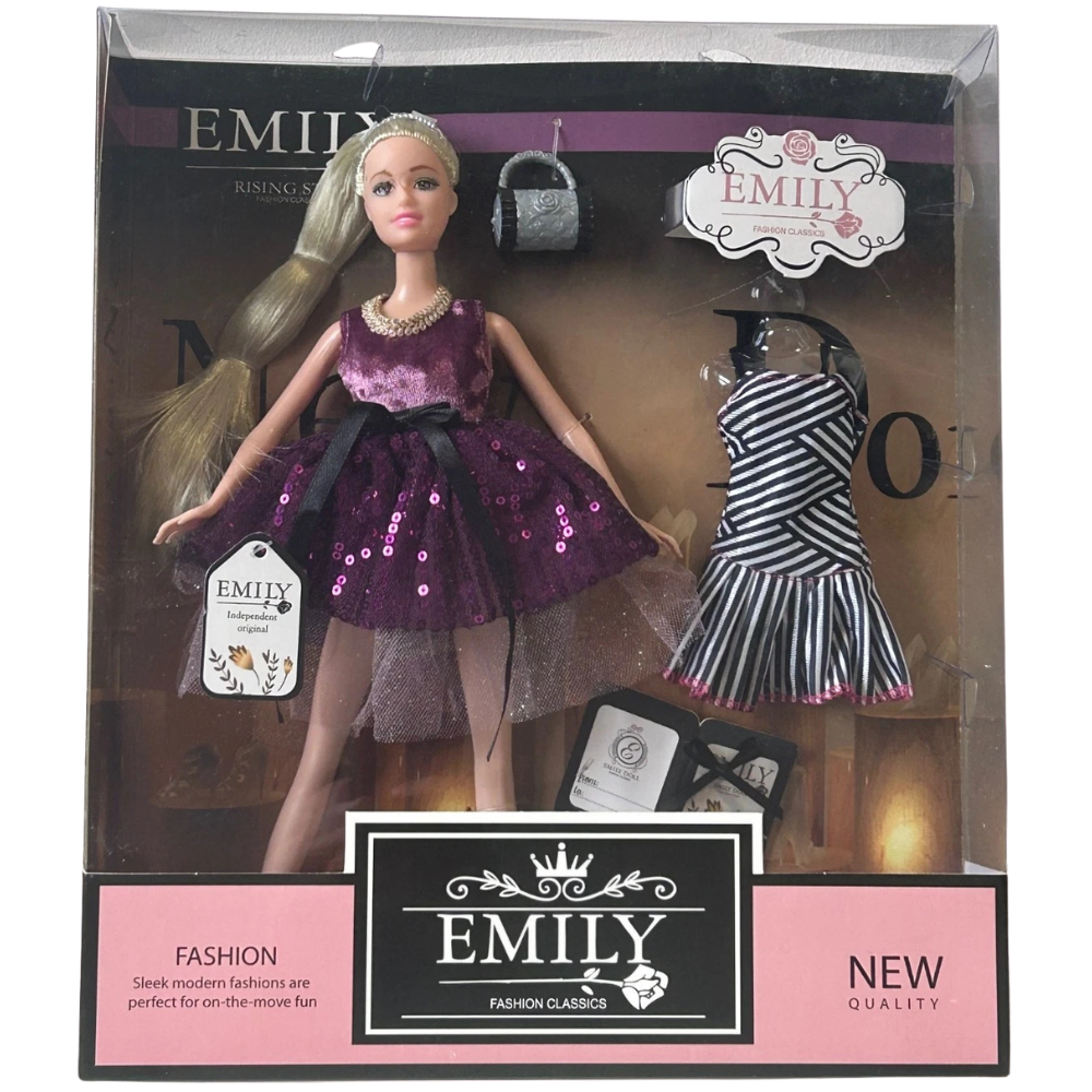 Long Hair Doll Emily with Accessories, Dress and Handbag, Fashion Toy Gift for Girls