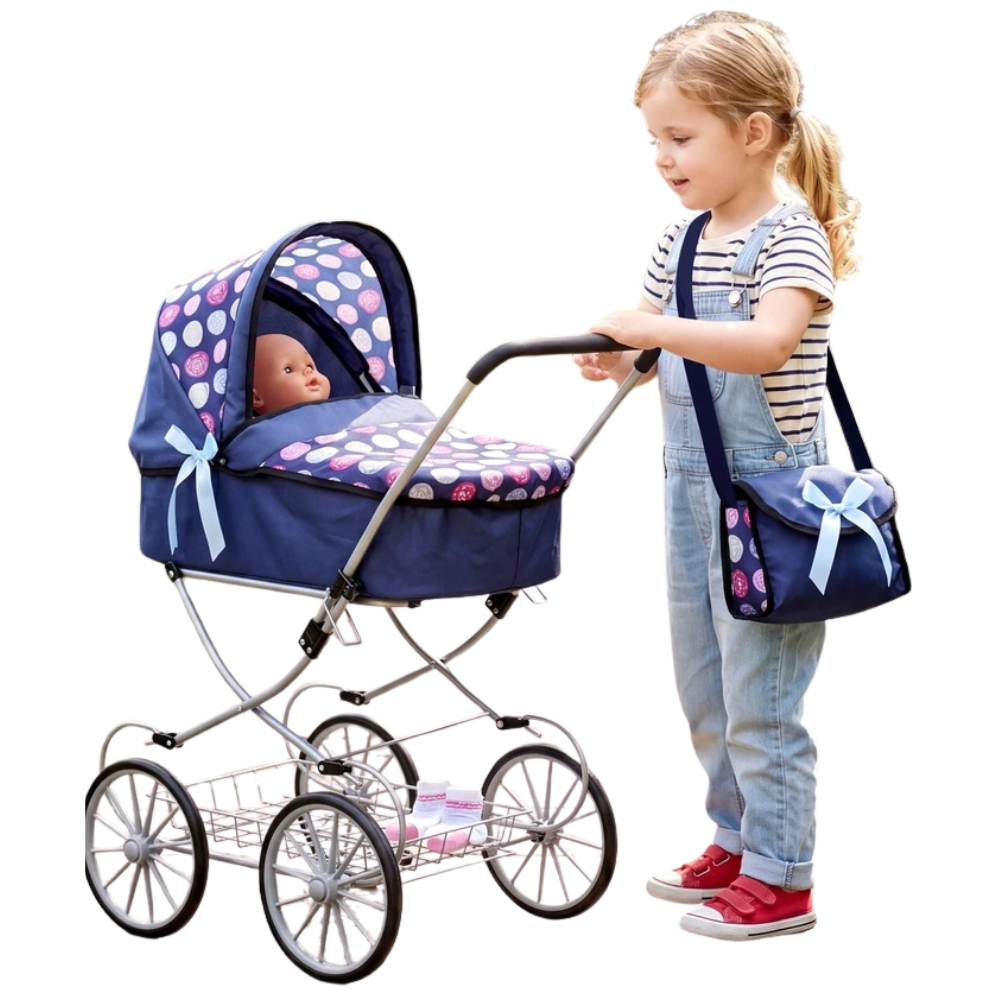 Bibi Doll Cambridge Baby Doll Pram Blue Pushchair with Carry Bag Basket Folding Frame 3+