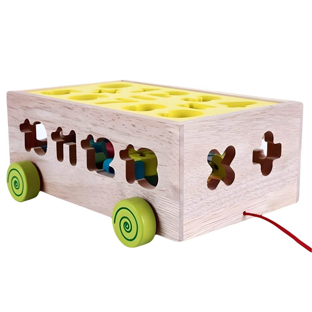 Wooden Pull Along Toy Car Box with Colourful Number and Shape Blocks for Kids Learning Fun
