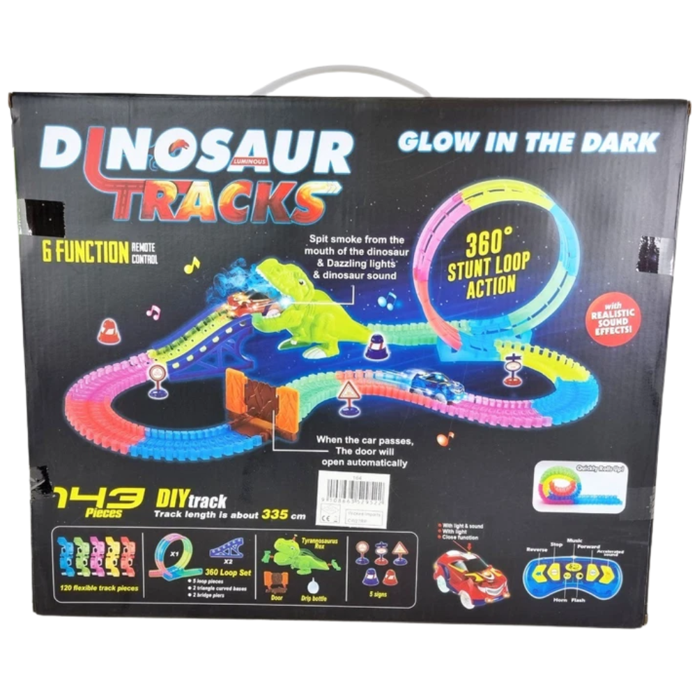 Glow in the Dark Dinosaur Slot Car Race Track Set 143 Piece T-Rex Smoking Stunt Kids Toy