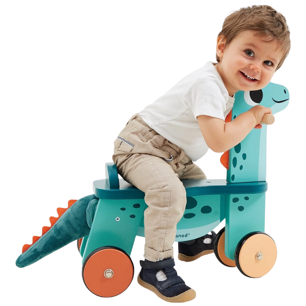 Janod Dino Portosaurus Wooden Ride-On Toy for Toddlers 12 Months+, 4-Wheel Dinosaur