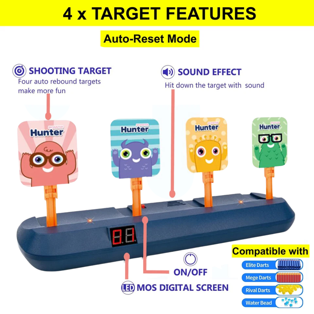 Kids Digital Target Shooting Game Set with 4 Auto Reset Targets, Toy Gun and Foam Bullets