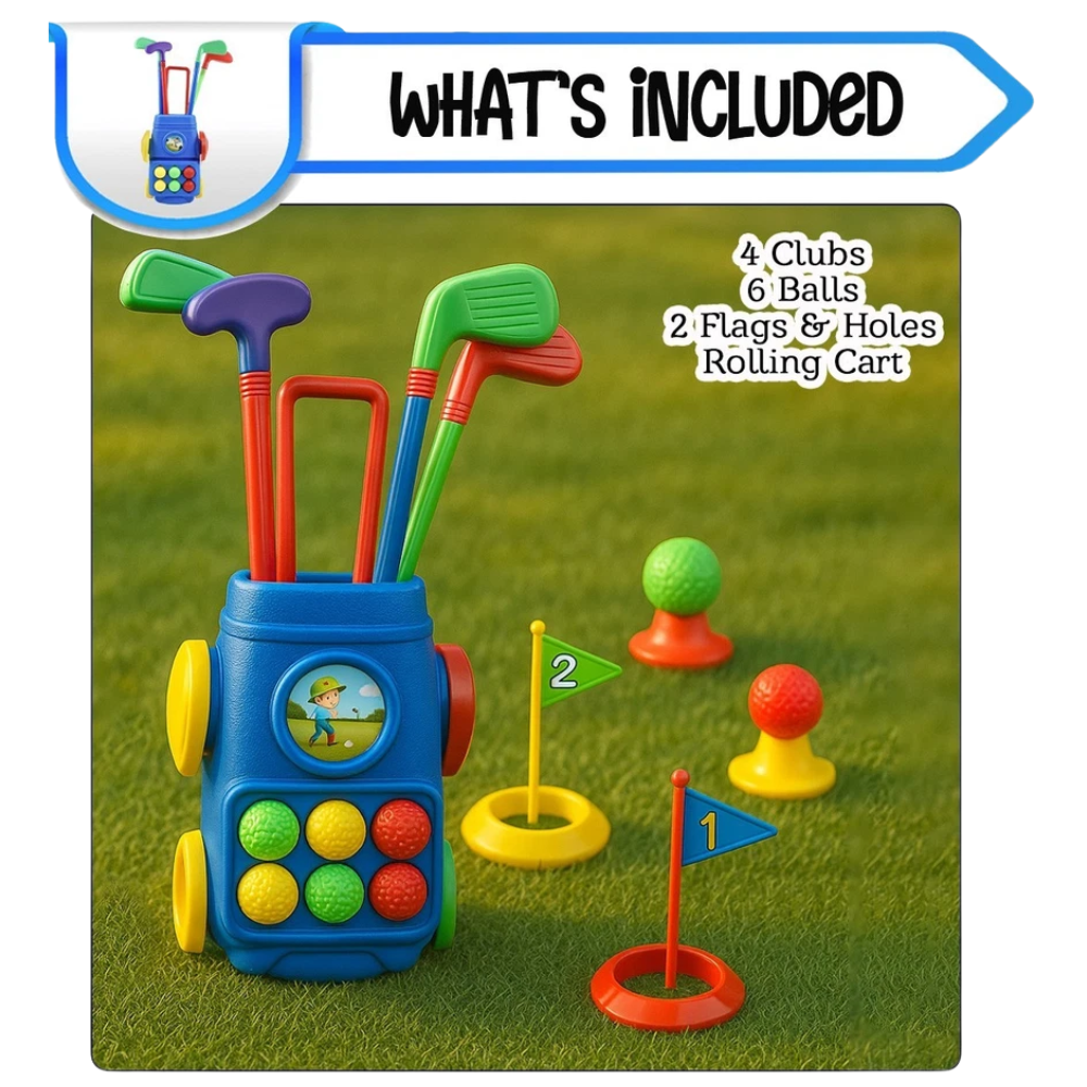 Kids Golf Set Toy 13 Piece Golf Clubs Balls Cart Flags Holes Indoor Outdoor Garden Game