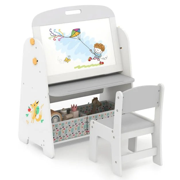 Children’s 4-in-1 Art Easel with Bookshelf, Whiteboard & Blackboard