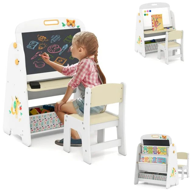 Children’s 4-in-1 Art Easel with Bookshelf, Whiteboard & Blackboard
