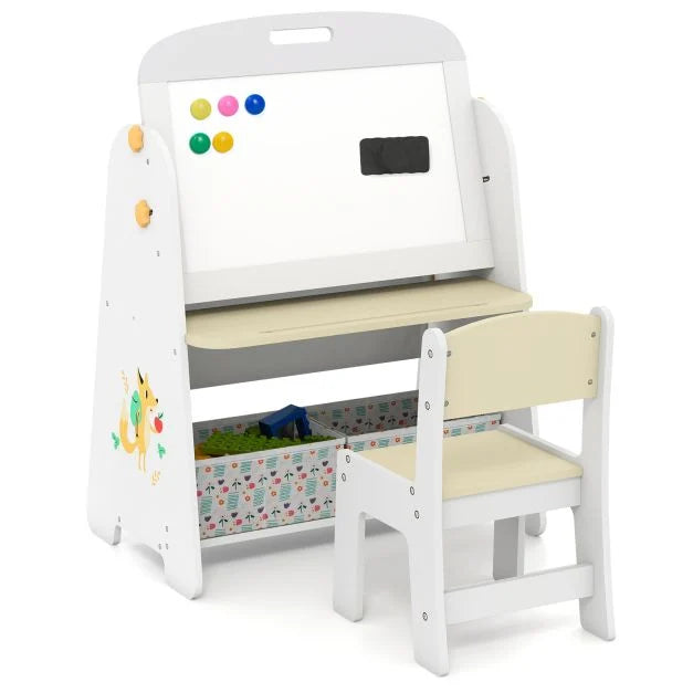 Children’s 4-in-1 Art Easel with Bookshelf, Whiteboard & Blackboard