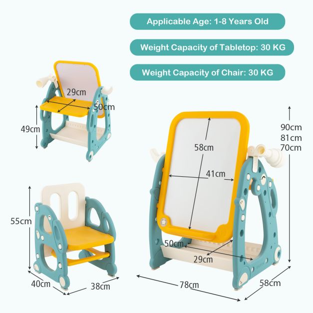 Kids 4-in-1 Drawing Table and Chair Set with Adjustable Whiteboard