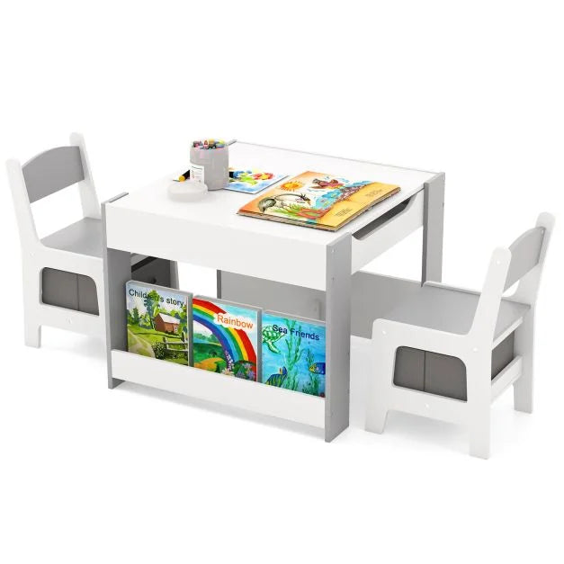 Kids 4-in-1 Table and Chair Set with Reversible Tabletop and Bookshelves
