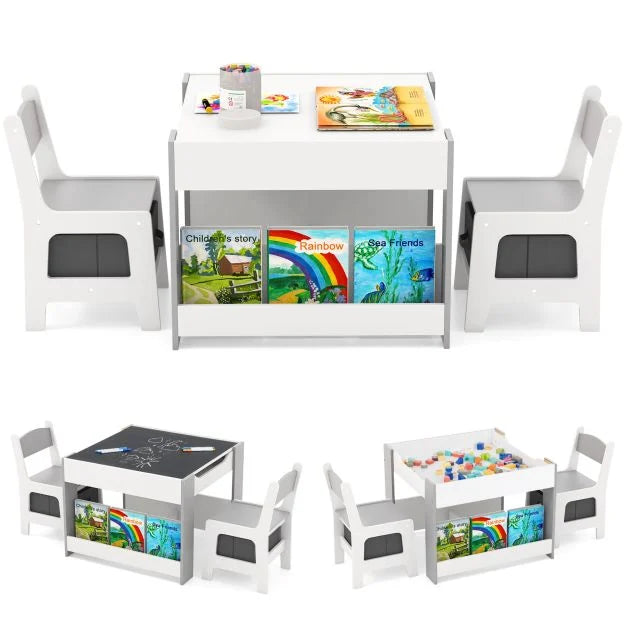 Kids 4-in-1 Table and Chair Set with Reversible Tabletop and Bookshelves