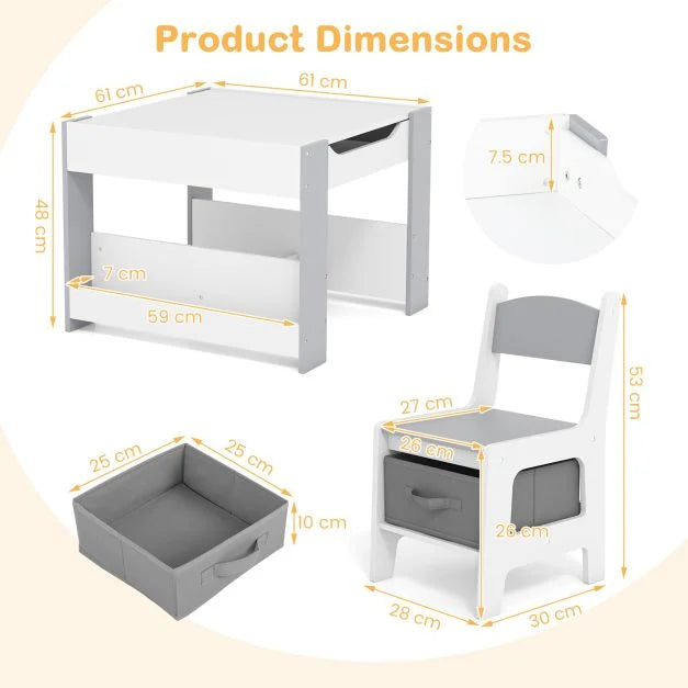 Kids 4-in-1 Table and Chair Set with Reversible Tabletop and Bookshelves