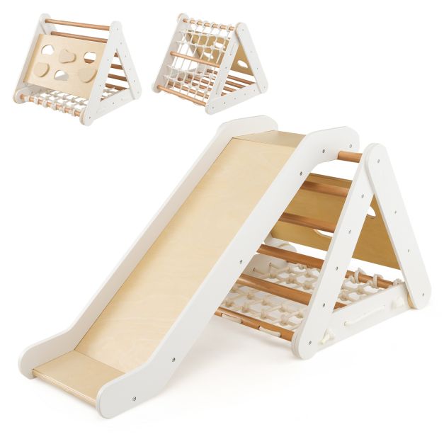 4-in-1 Toddler Wooden Triangle Climber with Ramp & Slide Board