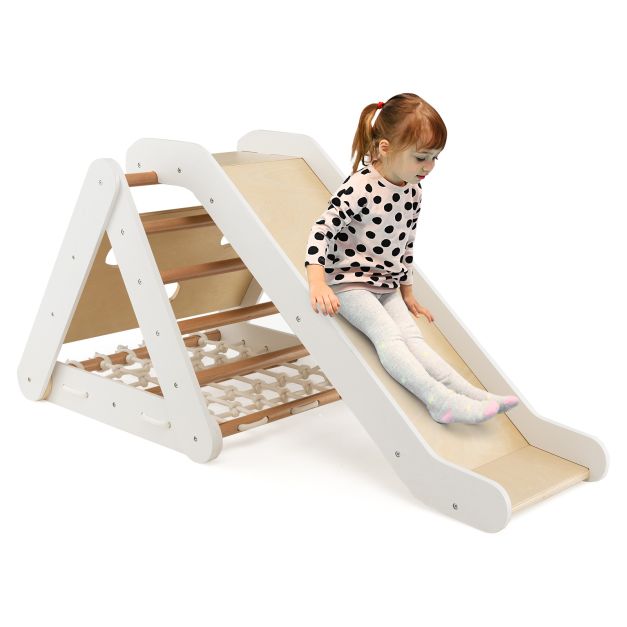 4-in-1 Toddler Wooden Triangle Climber with Ramp & Slide Board