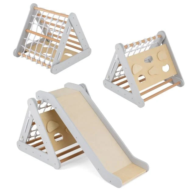 4-in-1 Toddler Wooden Triangle Climber with Ramp & Slide Board