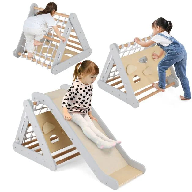 4-in-1 Toddler Wooden Triangle Climber with Ramp & Slide Board